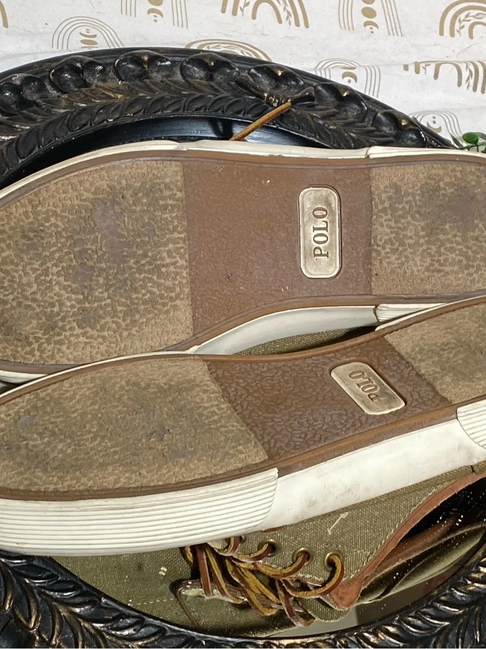 Ralph Lauren Olive Canvas Low-Top Sneakers with Brown Trim